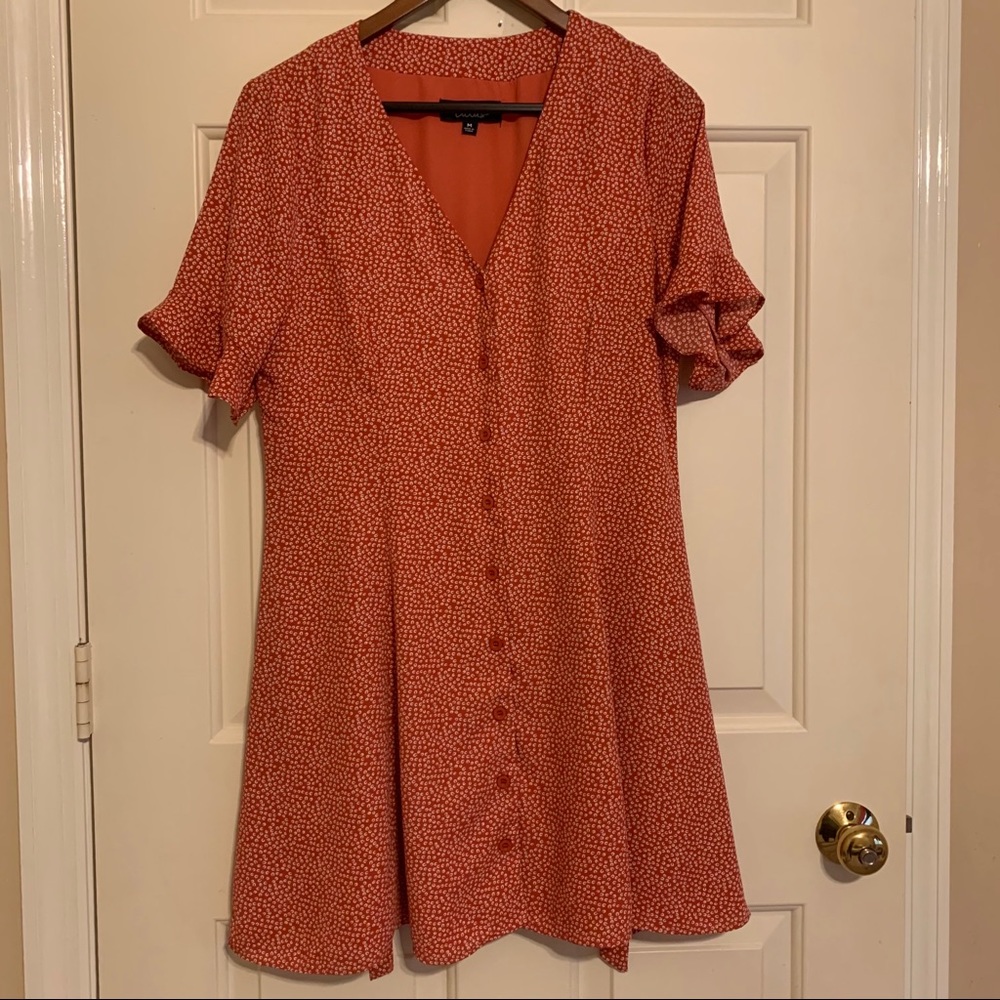 Lulu’s Castana Rust Red Print Button-Up Dress